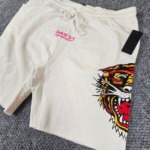 Ed Hardy Mens Tiger Tattoo Graphic Sweat Shorts Ivory Pink Script XL New